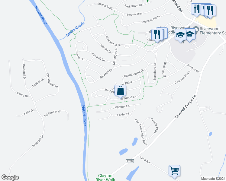 map of restaurants, bars, coffee shops, grocery stores, and more near 429 McCarthy Drive in Clayton