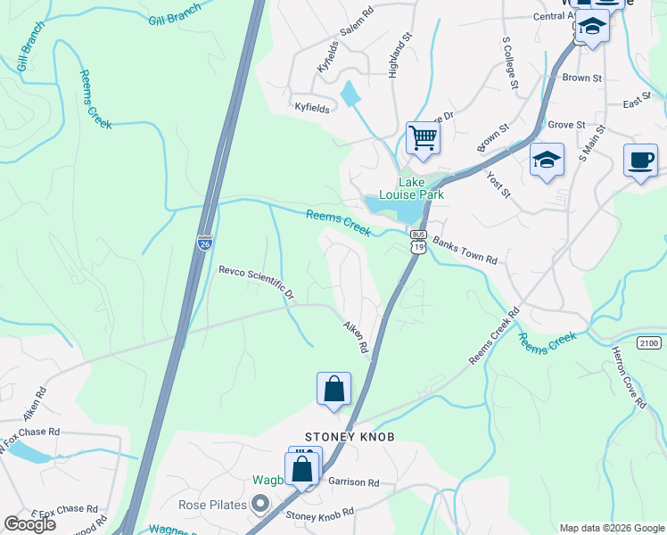 map of restaurants, bars, coffee shops, grocery stores, and more near 17 Sandstone Drive in Weaverville