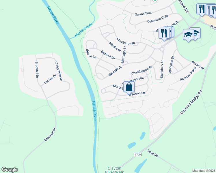 map of restaurants, bars, coffee shops, grocery stores, and more near 537 McCarthy Drive in Clayton