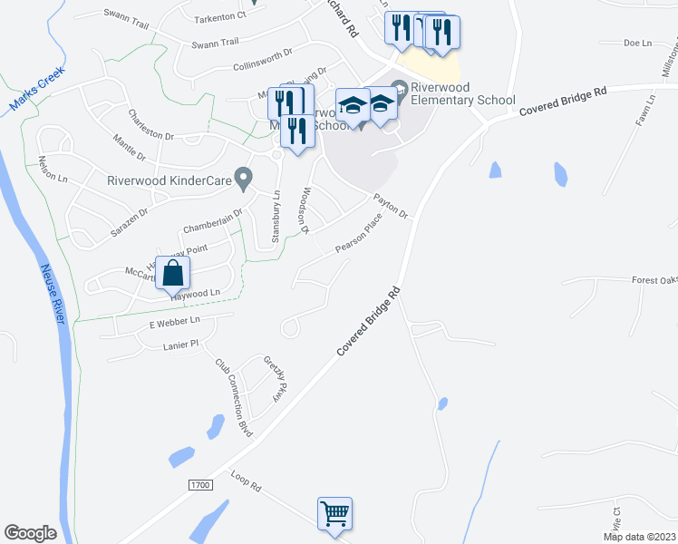 map of restaurants, bars, coffee shops, grocery stores, and more near North Kramer Path in Clayton