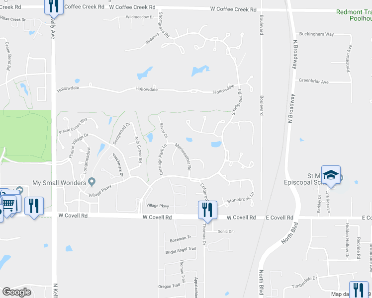 map of restaurants, bars, coffee shops, grocery stores, and more near 3116 Meriweather Road in Edmond