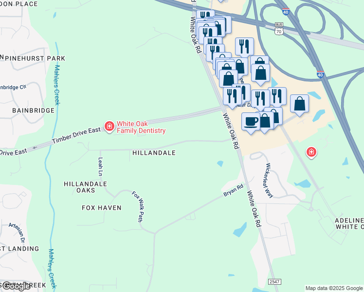 map of restaurants, bars, coffee shops, grocery stores, and more near 718 Hillandale Lane in Garner