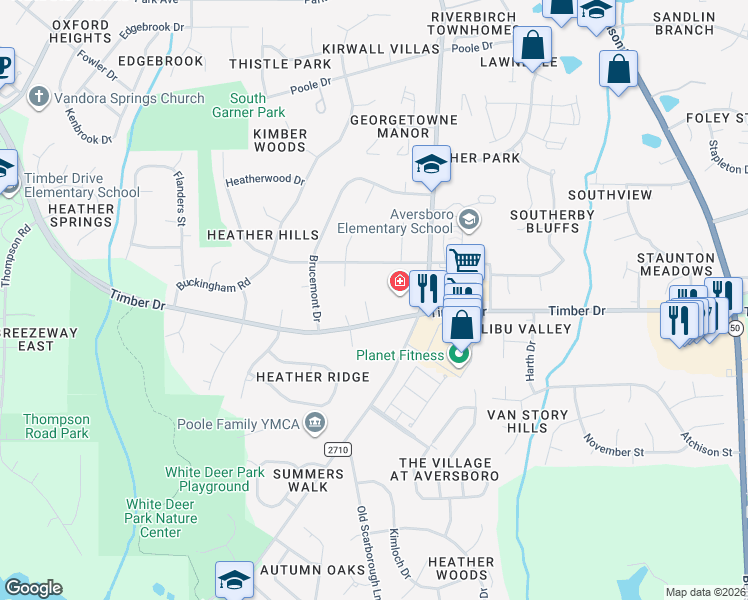 map of restaurants, bars, coffee shops, grocery stores, and more near 108 Madrid Court in Garner