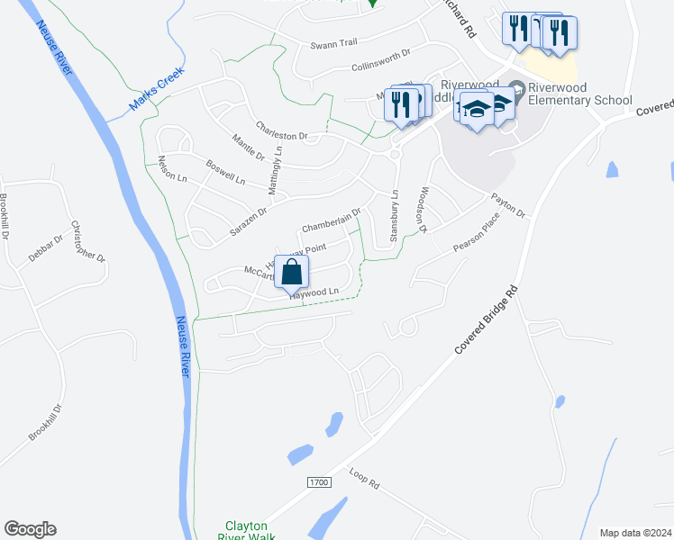 map of restaurants, bars, coffee shops, grocery stores, and more near 308 McCarthy Drive in Clayton