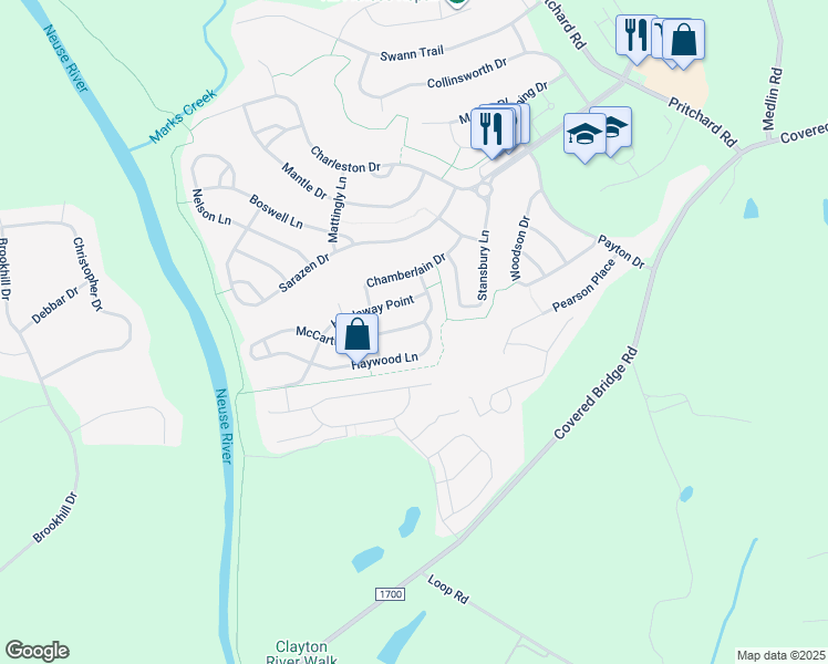 map of restaurants, bars, coffee shops, grocery stores, and more near 308 McCarthy Drive in Clayton