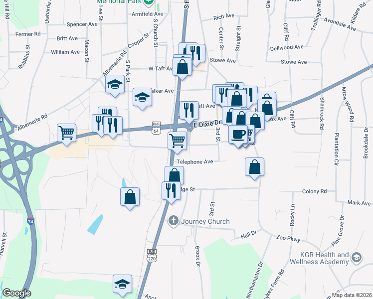 map of restaurants, bars, coffee shops, grocery stores, and more near 1502 1st Street in Asheboro