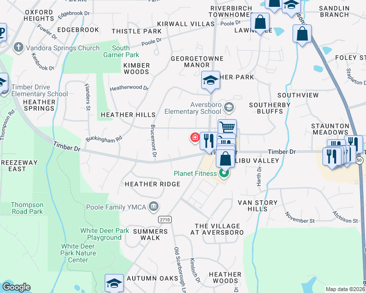 map of restaurants, bars, coffee shops, grocery stores, and more near 108 Madrid Court in Garner
