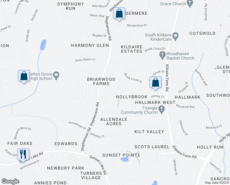map of restaurants, bars, coffee shops, grocery stores, and more near 4404 Chandler Cove Way in Apex