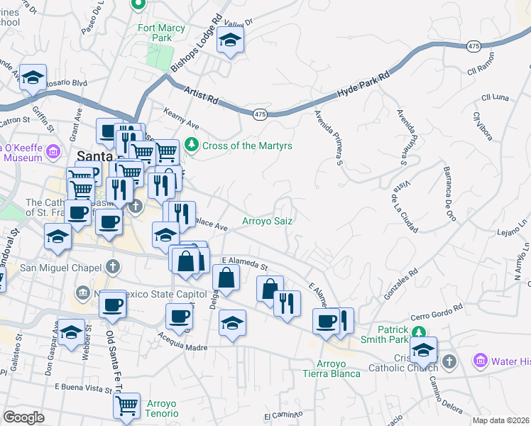map of restaurants, bars, coffee shops, grocery stores, and more near 517 Hillside Avenue in Santa Fe