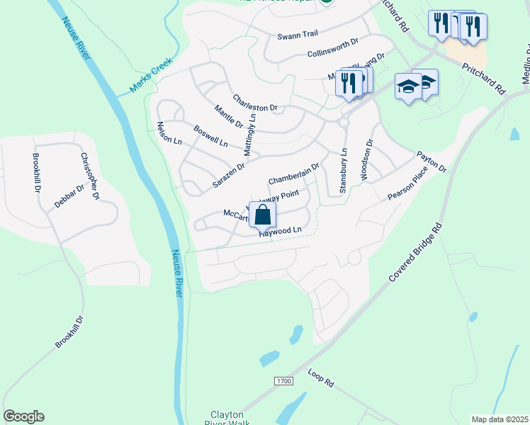map of restaurants, bars, coffee shops, grocery stores, and more near 417 McCarthy Drive in Clayton