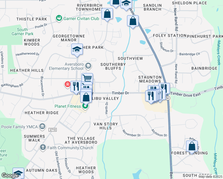 map of restaurants, bars, coffee shops, grocery stores, and more near 606 Hobson Wood Court in Garner
