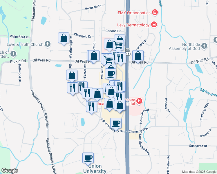 map of restaurants, bars, coffee shops, grocery stores, and more near 93 Stonebrook Place in Jackson