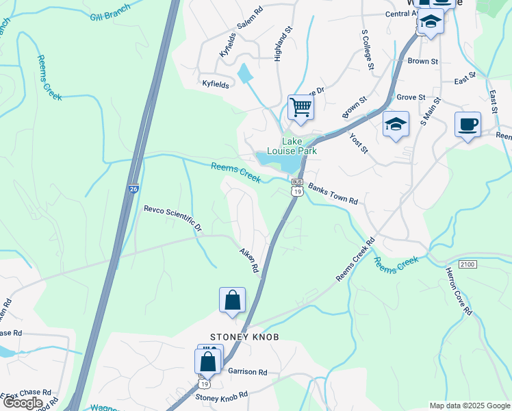 map of restaurants, bars, coffee shops, grocery stores, and more near 49 Loftin Street in Weaverville