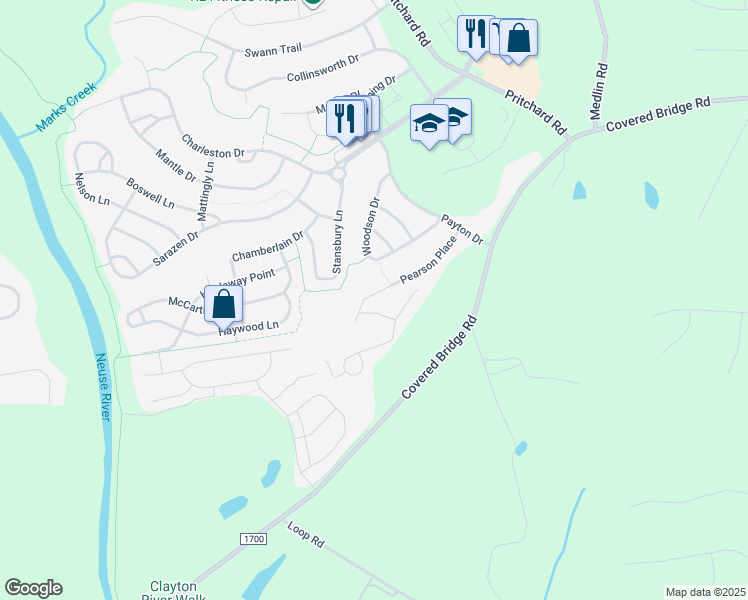 map of restaurants, bars, coffee shops, grocery stores, and more near 240 Pearson Place in Clayton