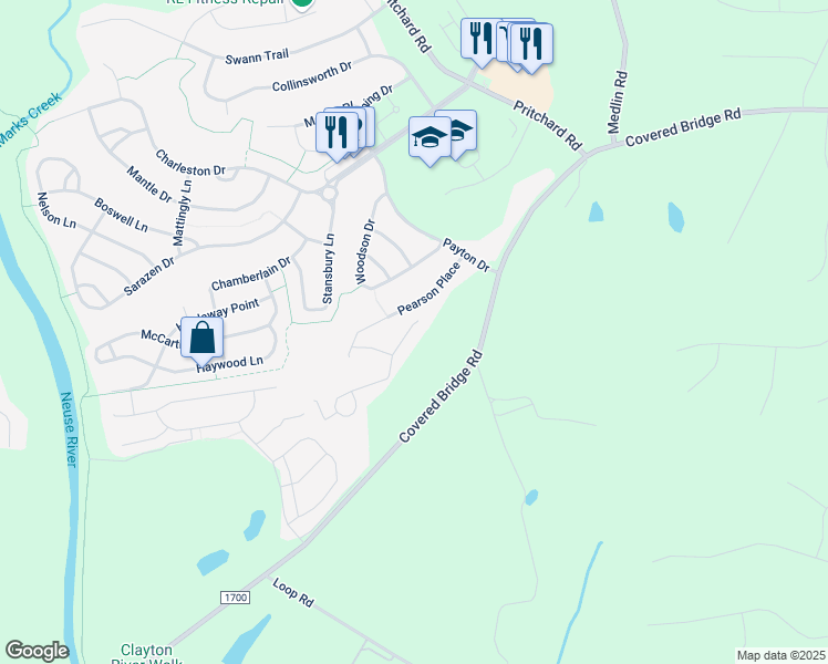 map of restaurants, bars, coffee shops, grocery stores, and more near 125 North Kramer Path in Clayton