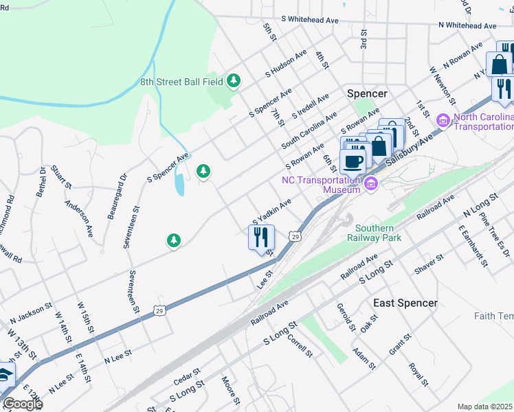 map of restaurants, bars, coffee shops, grocery stores, and more near 204 10th Street in Spencer