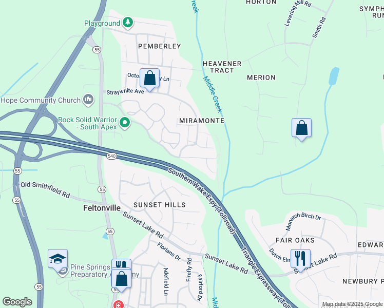 map of restaurants, bars, coffee shops, grocery stores, and more near 4025 Reunion Creek Parkway in Apex