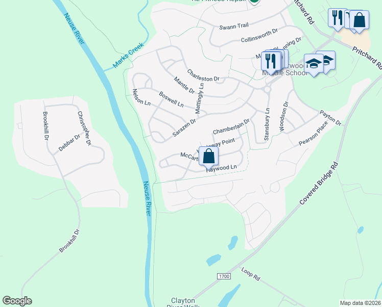 map of restaurants, bars, coffee shops, grocery stores, and more near 245 Hardaway Point in Clayton