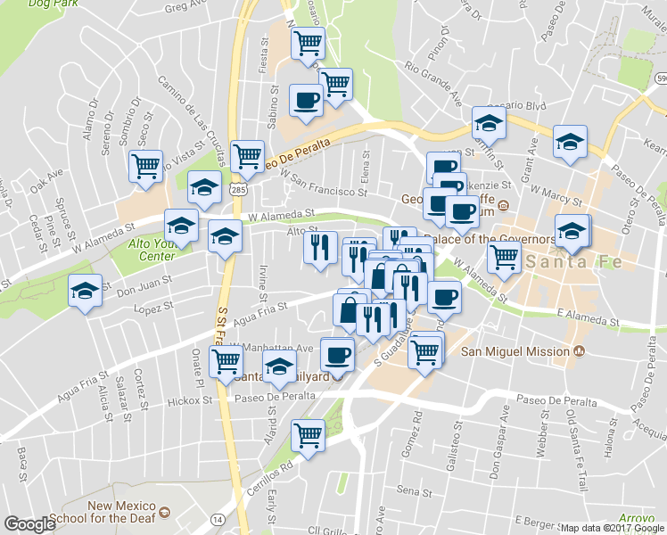 map of restaurants, bars, coffee shops, grocery stores, and more near 237 Casados Street in Santa Fe