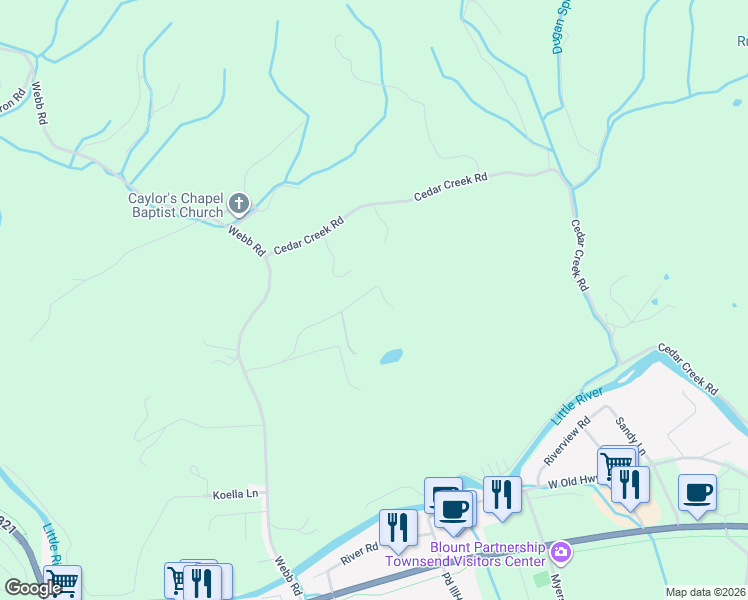 map of restaurants, bars, coffee shops, grocery stores, and more near 7812 Berry Williams Road in Townsend