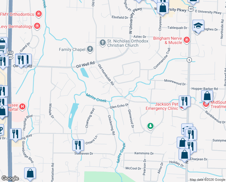 map of restaurants, bars, coffee shops, grocery stores, and more near 258 Old Humboldt Road in Jackson