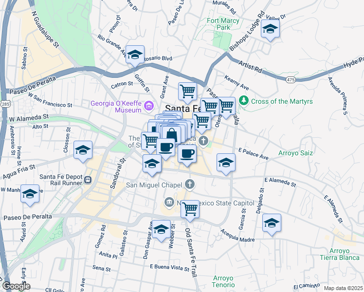 map of restaurants, bars, coffee shops, grocery stores, and more near East San Francisco Street in Santa Fe