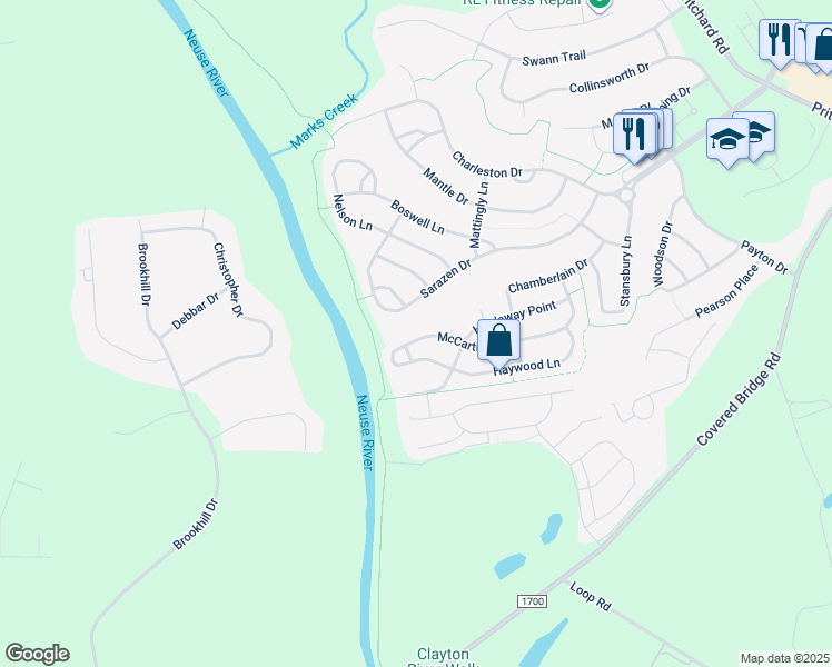 map of restaurants, bars, coffee shops, grocery stores, and more near 545 McCarthy Drive in Clayton