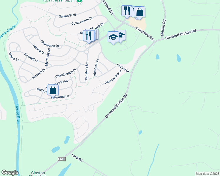 map of restaurants, bars, coffee shops, grocery stores, and more near 125 North Kramer Path in Clayton