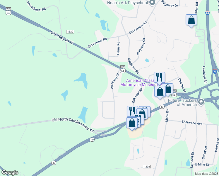 map of restaurants, bars, coffee shops, grocery stores, and more near 206 Westbury Drive in Asheboro