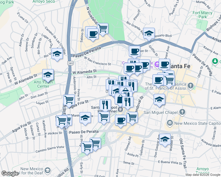 map of restaurants, bars, coffee shops, grocery stores, and more near 543 Agua Fria Street in Santa Fe