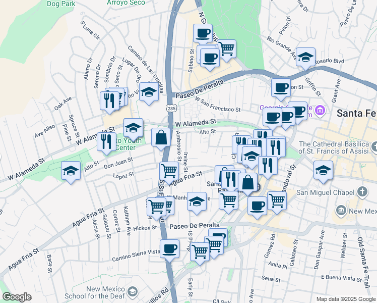 map of restaurants, bars, coffee shops, grocery stores, and more near 241 Irvine Street in Santa Fe