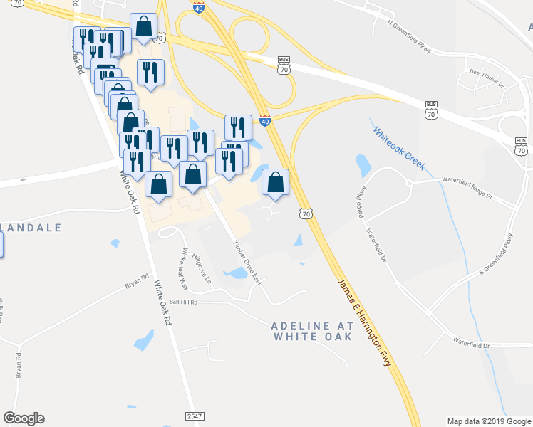 map of restaurants, bars, coffee shops, grocery stores, and more near 934 Plantation Pine Circle in Garner
