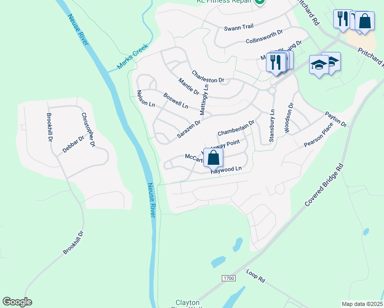 map of restaurants, bars, coffee shops, grocery stores, and more near 509 McCarthy Drive in Clayton