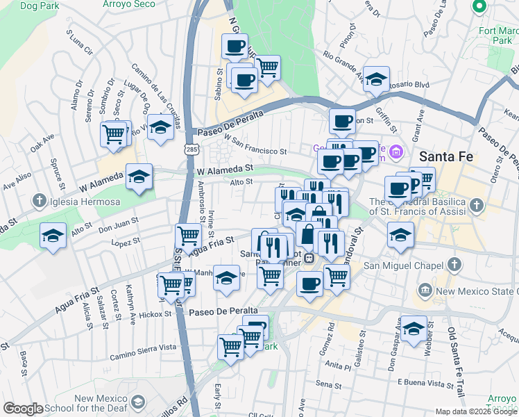 map of restaurants, bars, coffee shops, grocery stores, and more near 237 Casados Street in Santa Fe