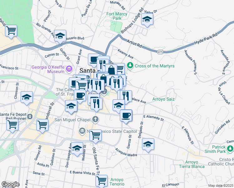 map of restaurants, bars, coffee shops, grocery stores, and more near East Palace Avenue in Santa Fe