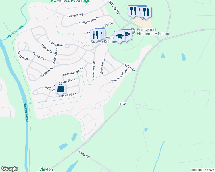 map of restaurants, bars, coffee shops, grocery stores, and more near 228 Pearson Place in Clayton