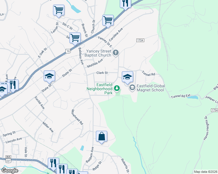 map of restaurants, bars, coffee shops, grocery stores, and more near 134 Leach Street in Marion