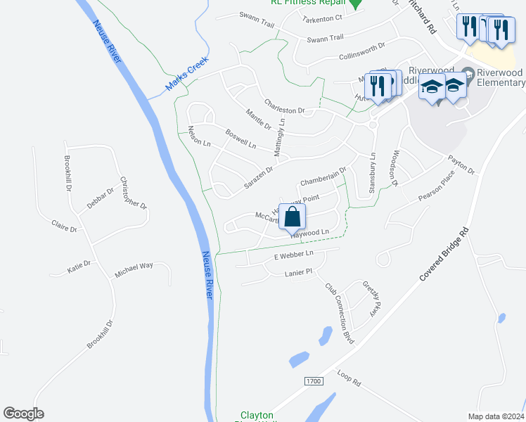 map of restaurants, bars, coffee shops, grocery stores, and more near 509 McCarthy Drive in Clayton