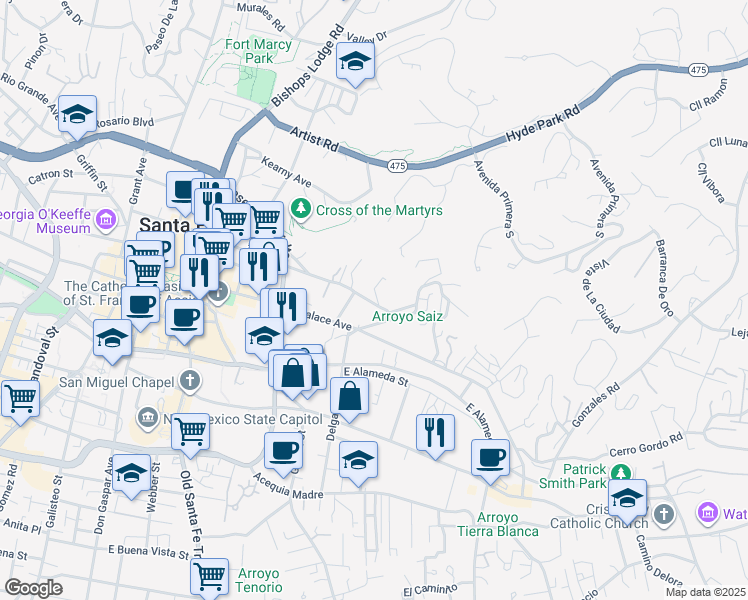 map of restaurants, bars, coffee shops, grocery stores, and more near 419 Hillside Avenue in Santa Fe
