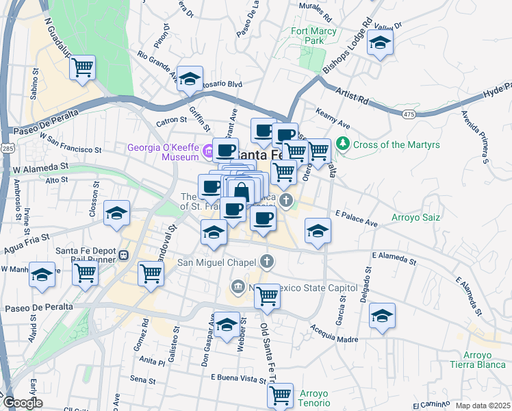 map of restaurants, bars, coffee shops, grocery stores, and more near 80 East San Francisco Street in Santa Fe