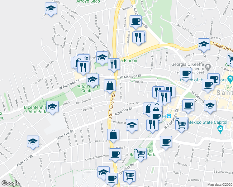 map of restaurants, bars, coffee shops, grocery stores, and more near 234 1/4 Ambrosio Street in Santa Fe