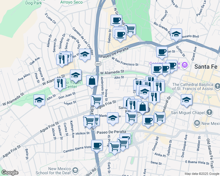 map of restaurants, bars, coffee shops, grocery stores, and more near 241 Irvine Street in Santa Fe