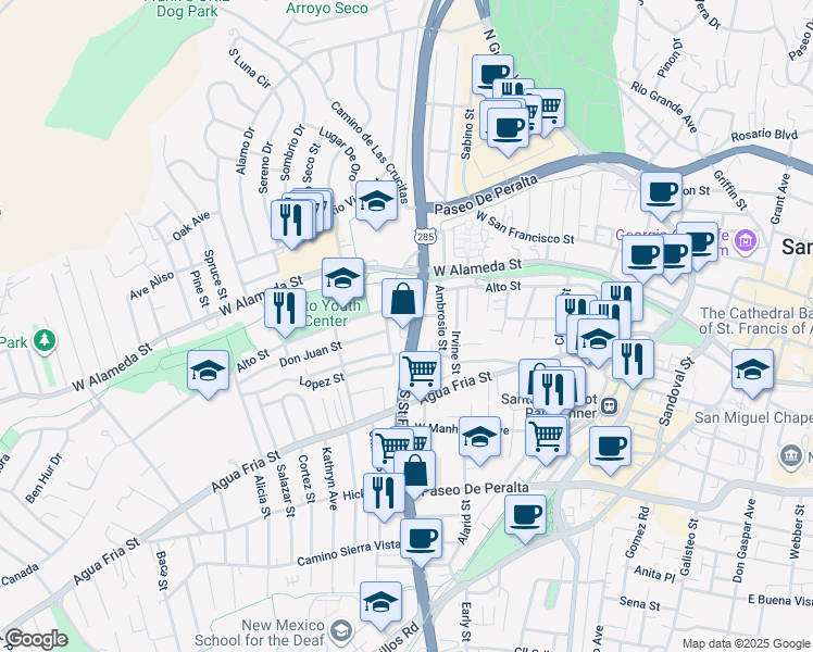 map of restaurants, bars, coffee shops, grocery stores, and more near 234 1/2 Ambrosio Street in Santa Fe