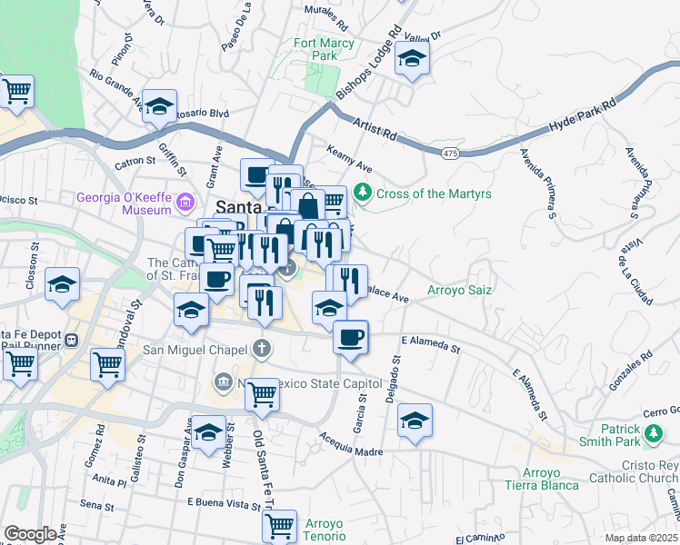 map of restaurants, bars, coffee shops, grocery stores, and more near 237 East Palace Avenue in Santa Fe