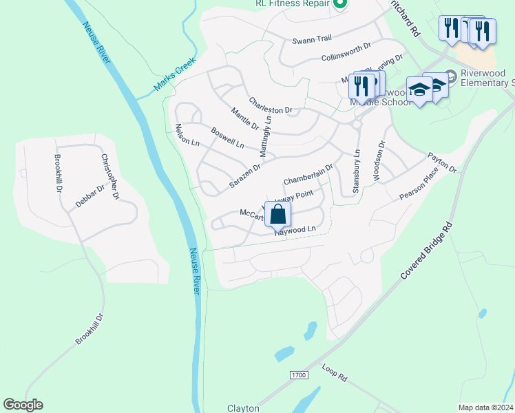 map of restaurants, bars, coffee shops, grocery stores, and more near 237 Hardaway Point in Clayton