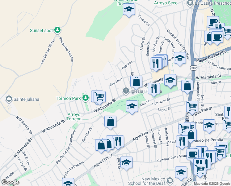 map of restaurants, bars, coffee shops, grocery stores, and more near 106 Sicomoro Street in Santa Fe