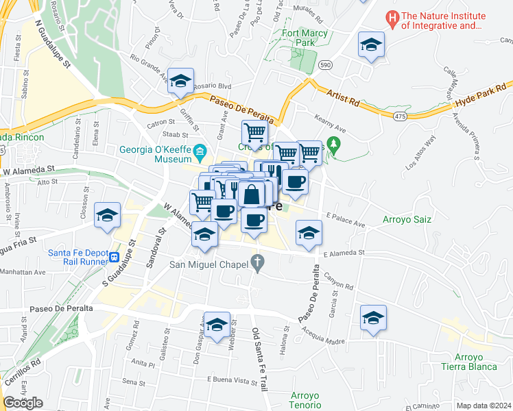 map of restaurants, bars, coffee shops, grocery stores, and more near 215 East San Francisco Street in Santa Fe
