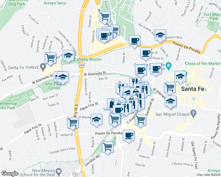 map of restaurants, bars, coffee shops, grocery stores, and more near 628 Don Felix Street in Santa Fe