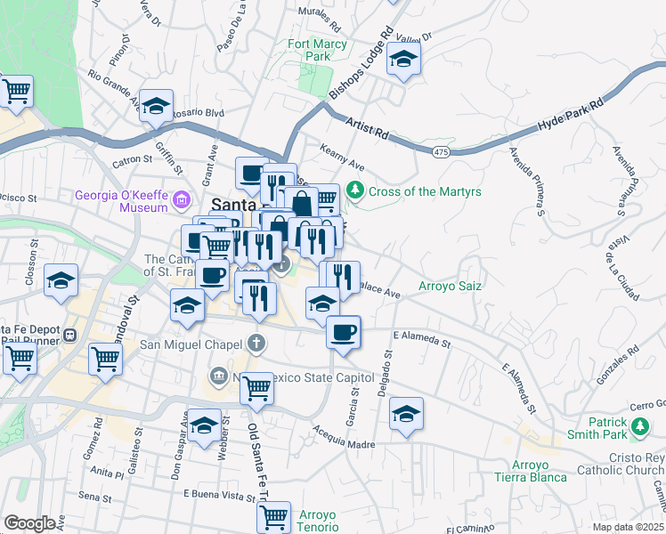 map of restaurants, bars, coffee shops, grocery stores, and more near 237 East Palace Avenue in Santa Fe