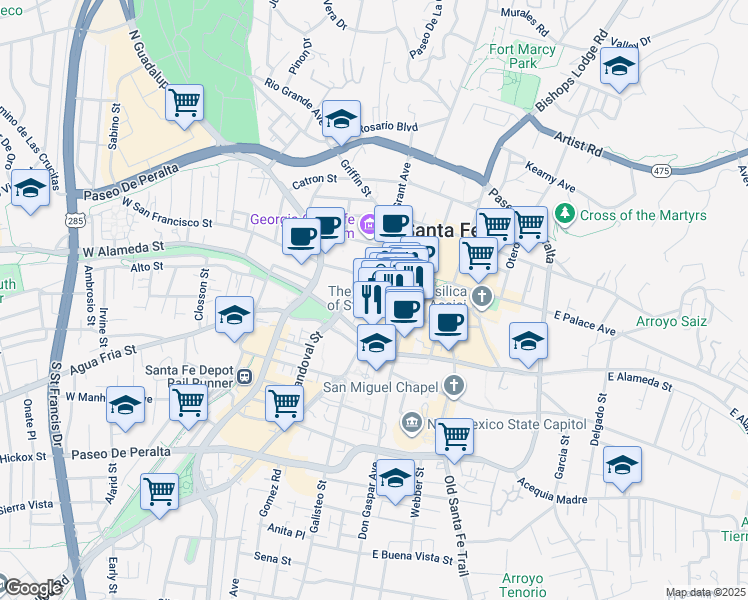 map of restaurants, bars, coffee shops, grocery stores, and more near 130 West Water Street in Santa Fe
